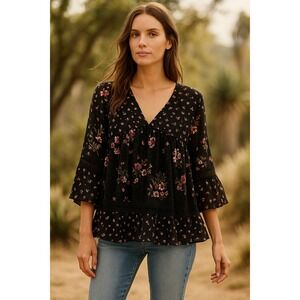 Maeve Anthropologie Womens Blouse Sz S Black Floral Boho Peasant Ruffle Romantic